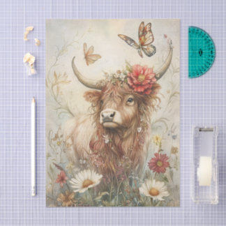 Rustic Highland Cow With Butterfly Decoupage Tissue Paper