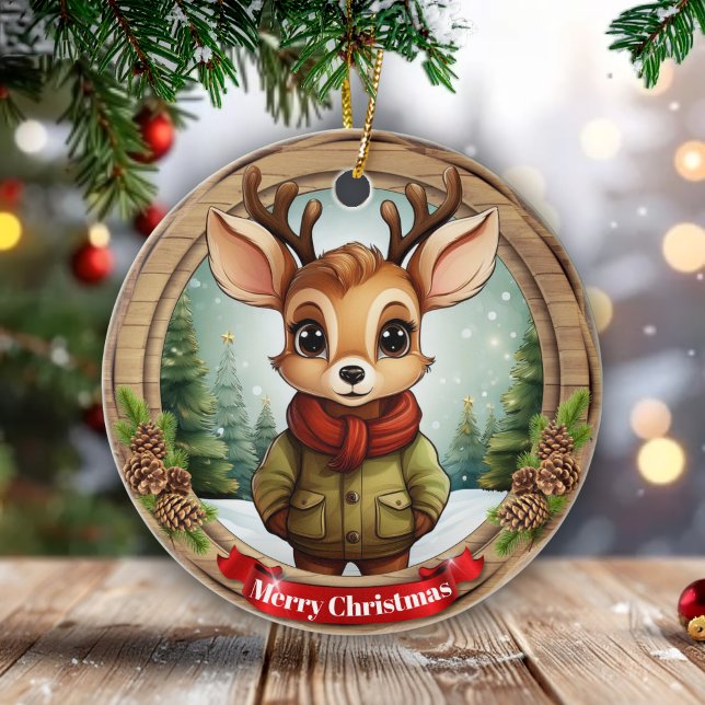 Rustic Holiday Character Xmas Reindeer Gift 🦌🎄 Ceramic Tree Decoration (Customizable Rustic holiday character xmas reindeer, name gift for anyone, Ceramic Ornament! 🦌🎄)