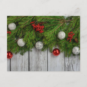 Rustic Holiday Charm: Pine, Holly & Baubles Postcard