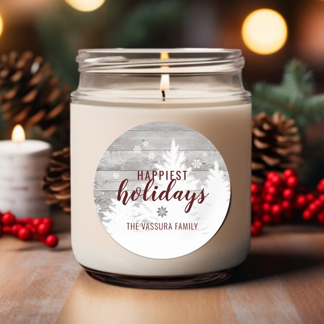 Rustic Holiday Christmas Wood Tree Burgundy Classic Round Sticker (Rustic Holiday Christmas Wood Tree Burgundy Classic Round Sticker)