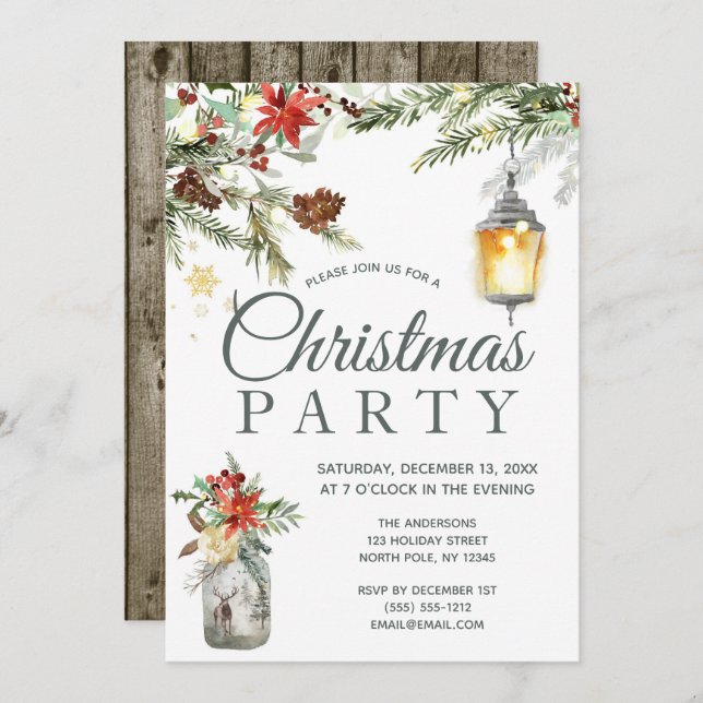 Rustic Holiday Floral Lights Christmas Party Invitation (Front/Back)