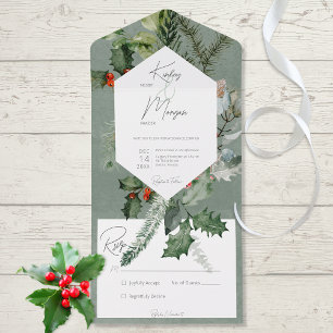 Rustic Holiday Greenery & Red Berries No Dinner All In One Invitation