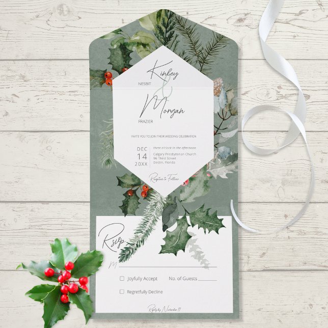 Rustic Holiday Greenery & Red Berries No Dinner All In One Invitation (Also available with dinner selection options or with a QR code.)