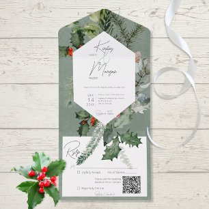 Rustic Holiday Greenery & Red Berries QR Code All In One Invitation