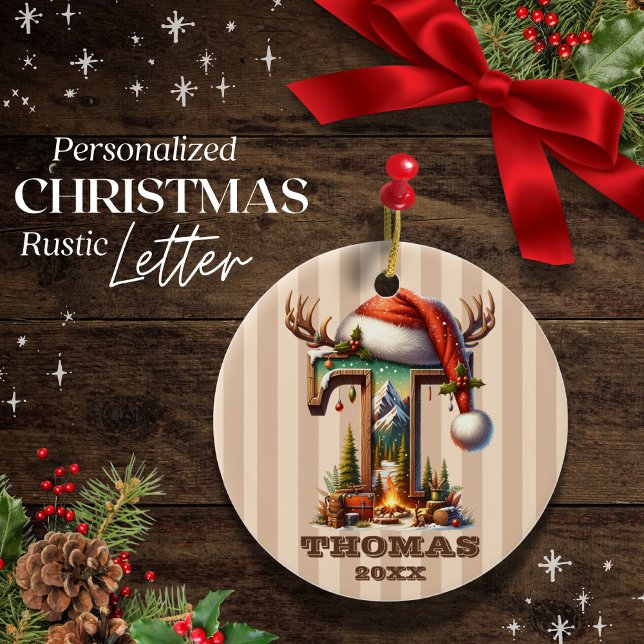 Rustic Holiday Initial T Personalizable Ceramic Tree Decoration (Creator Uploaded)