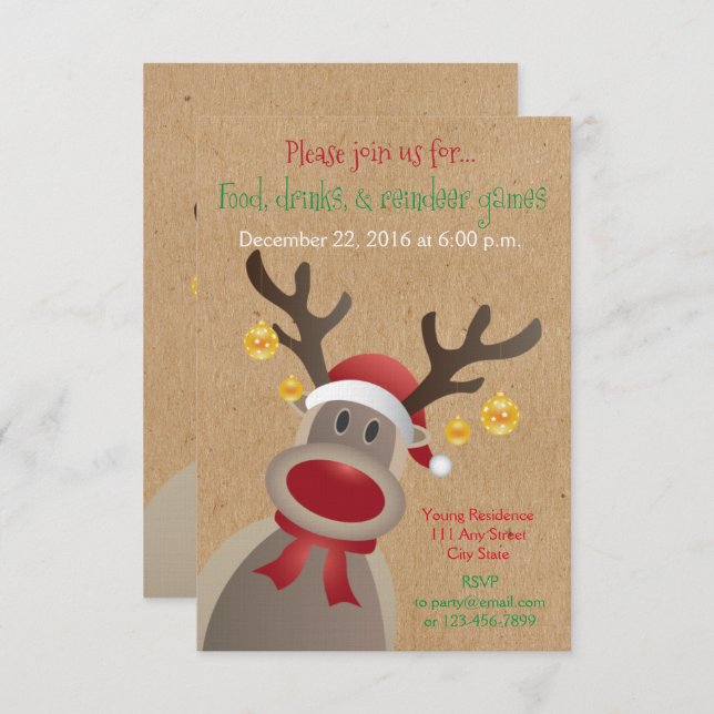 Rustic Holiday Invite with Rudolph the Reindeer (Front/Back)