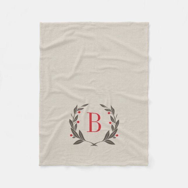 Rustic Holiday Laurel Wreath Monogram Fleece Blanket (Front)