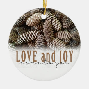 Rustic Holiday Love and Joy Pine Cone Ceramic Tree Decoration