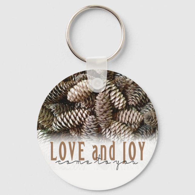 Rustic Holiday Love and Joy Pine Cone Key Ring (Front)