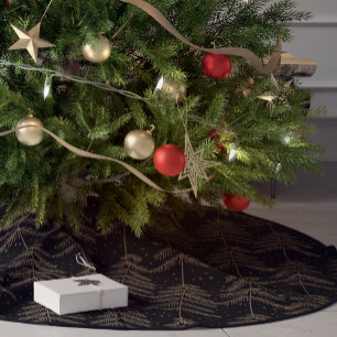 Rustic Holiday Pine Tree Pattern Black Gold Brushed Polyester Tree Skirt