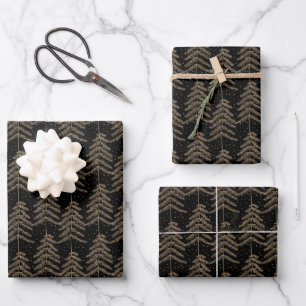 Rustic Holiday Pine Tree Pattern Black Gold Wrapping Paper Sheet