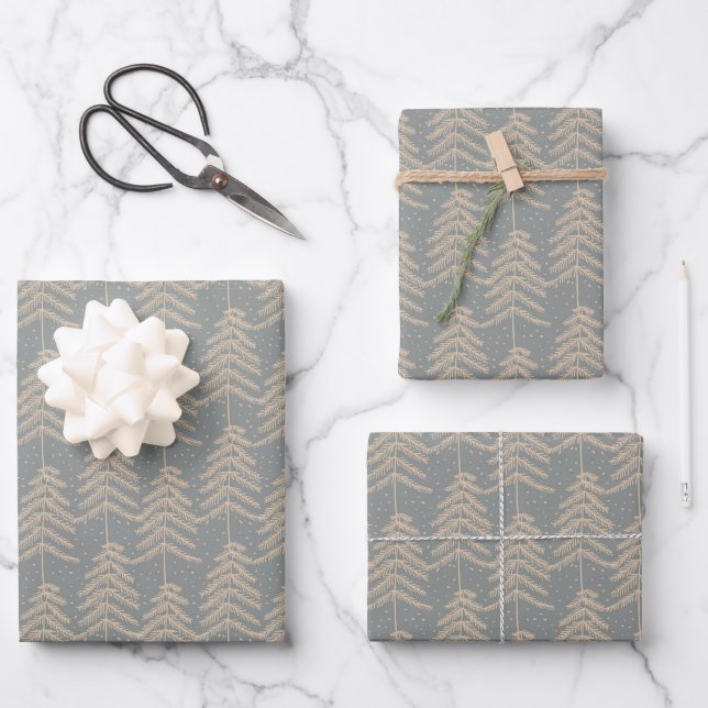 Rustic Holiday Pine Tree Pattern Grey Golden Brown Wrapping Paper Sheet (Front)