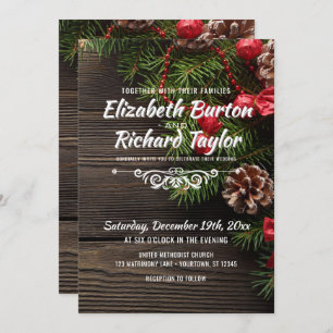 Rustic Holiday Pine Wreath Winter Wedding Invitation