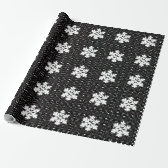 Rustic Holiday Snowflakes and grey tartan Wrapping Paper (Unrolled)