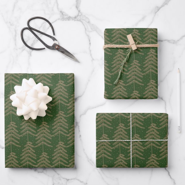 Rustic Holiday Tree Pattern Green Golden Brown Wrapping Paper Sheet (Front)
