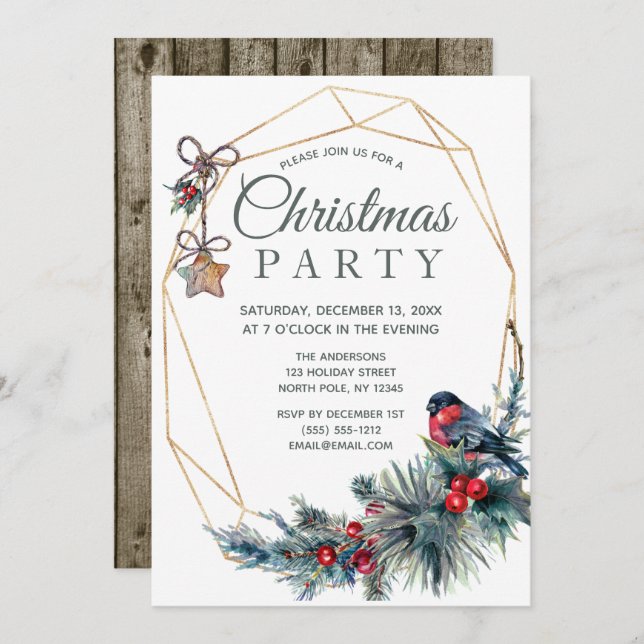 Rustic Holiday Winter Bird Pine Christmas Party Invitation (Front/Back)