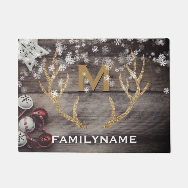 Rustic Holiday Winter Snowflakes Antlers Monogram Doormat (Front)