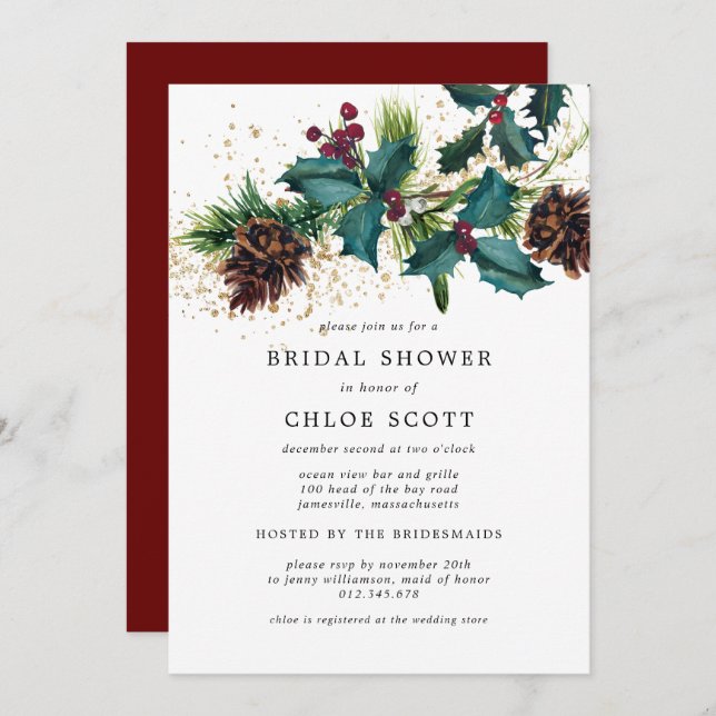 Rustic Holly and Berries Botanical Bridal Shower Invitation (Front/Back)