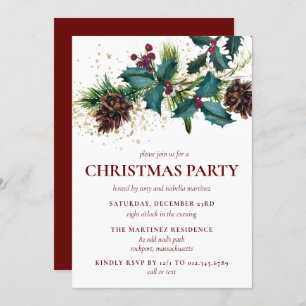 Rustic Holly and Berries Botanical Christmas Party Invitation