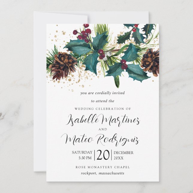 Rustic Holly and Berries Winter Botanical Wedding Invitation (Front)