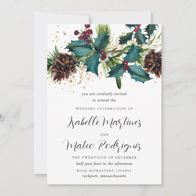 Rustic Holly and Berries Winter Botanical Wedding Invitation (Front)