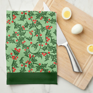 Rustic Holly and Berry Holiday Pattern on Green Tea Towel