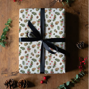 Rustic holly and pine Christmas  Wrapping Paper