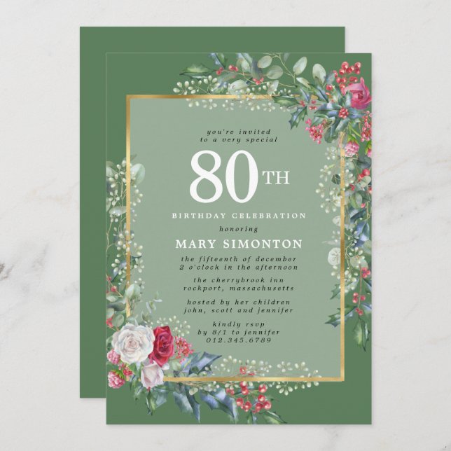 Rustic Holly Berries Botanical 80th Birthday Party Invitation (Front/Back)