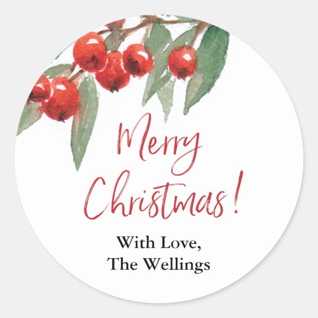 Rustic Holly Berries Merry Christmas Personalised Classic Round Sticker (Front)