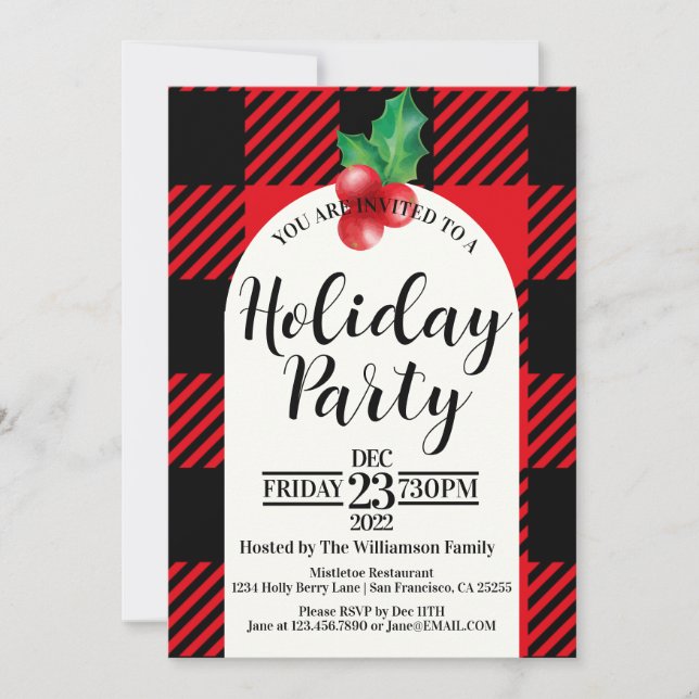 Rustic Holly Berries Watercolor Plaid Holiday Invitation (Front)