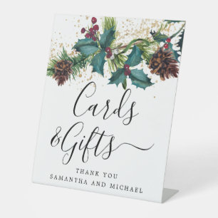 Rustic Holly Berries Wedding Cards and Gifts Pedestal Sign