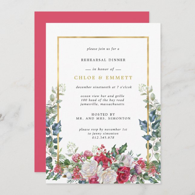 Rustic Holly Berries Winter Rehearsal Dinner Invitation (Front/Back)