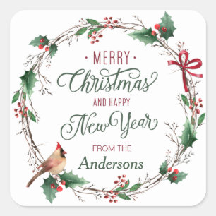 Rustic Holly Berry Wreath with Bird Personalised Square Sticker