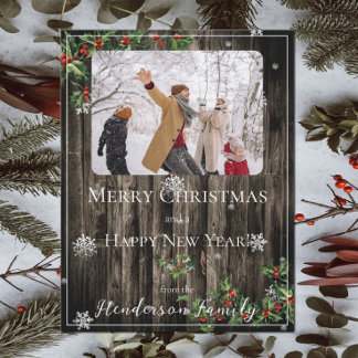 Rustic Holly Branches Flat Holiday Photo Card