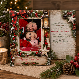 Rustic Holly Pine Family Photo Christmas Holiday Card