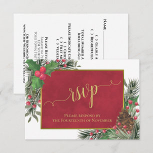 Rustic Holly & Pine Holiday or Christmas Wedding RSVP Card