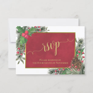 Rustic Holly & Pine Holiday or Christmas Wedding RSVP Card