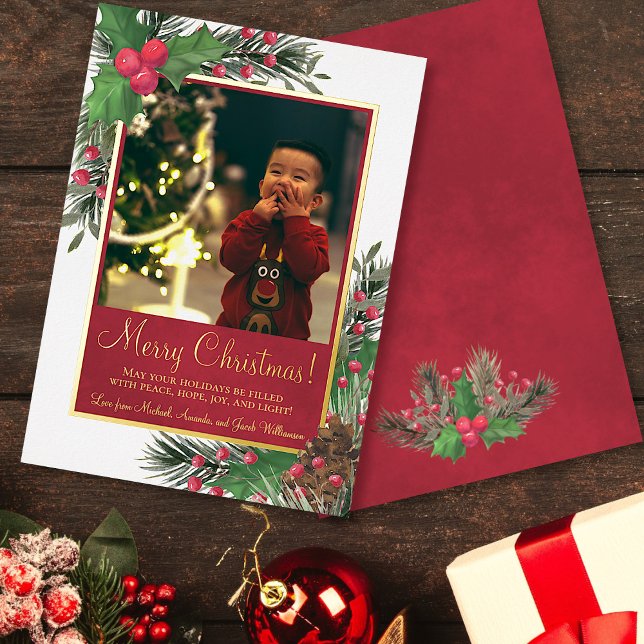 Rustic Holly & Pine Merry Christmas Photo  (In Situ with Decorations)