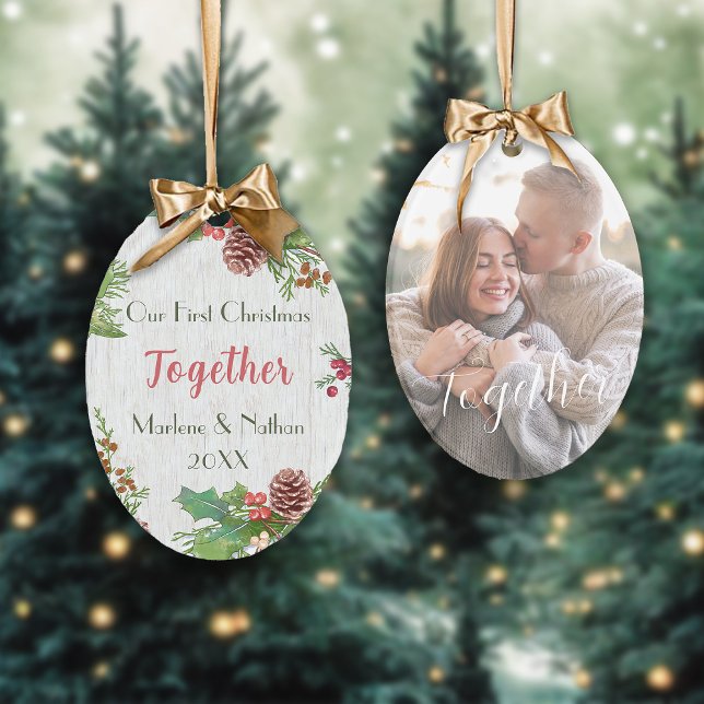 Rustic Holly Pine Together Mileston Custom Photo   Ornament (Creator Uploaded)