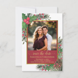 Rustic Holly & Pine with Photo Holiday Wedding Save The Date
