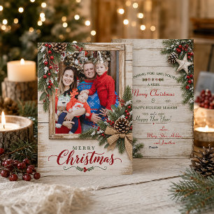 Rustic Holly Pinecones Red Berries Family Photo Holiday Card