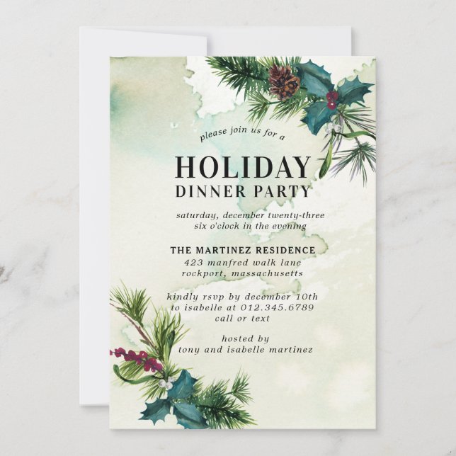 Rustic Holly Watercolor Holiday Dinner Party Invitation (Front)