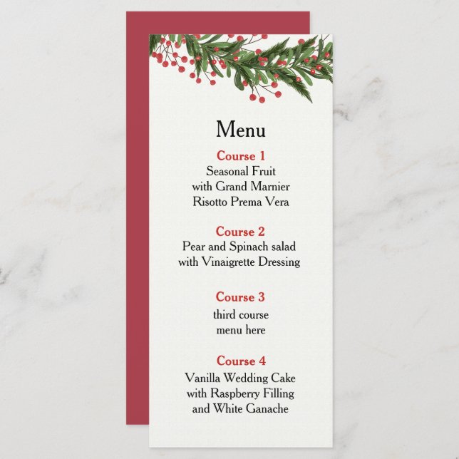 Rustic Holly Winter Christmas Wedding  Menu (Front/Back)