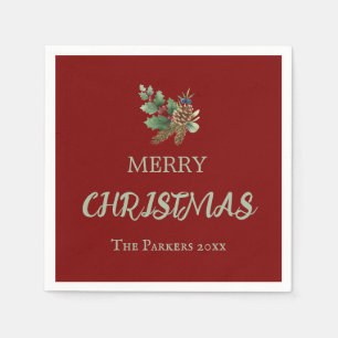 Rustic holly with red berries and pine cone napkin