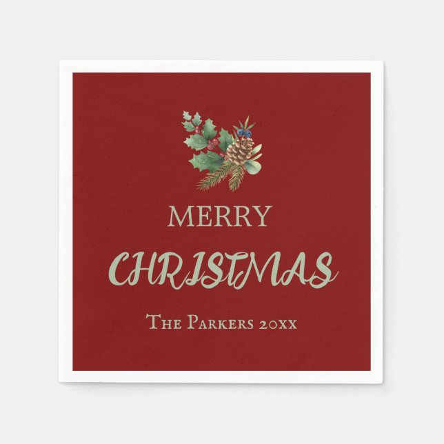 Rustic holly with red berries and pine cone napkin (Front)