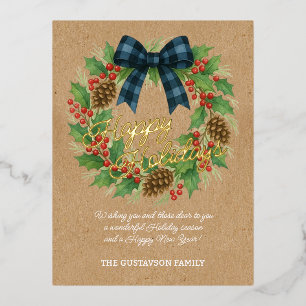 Rustic Holly Wreath Blue Black Checkered Bow Foil Holiday Postcard