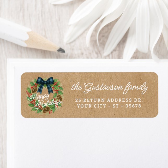 Rustic Holly Wreath Blue Black Chequered Bow (Insitu)