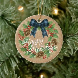 Rustic Holly Wreath Blue Black Chequered Bow Ceramic Tree Decoration