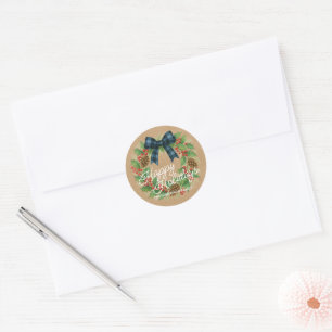 Rustic Holly Wreath Blue Black Chequered Bow Classic Round Sticker