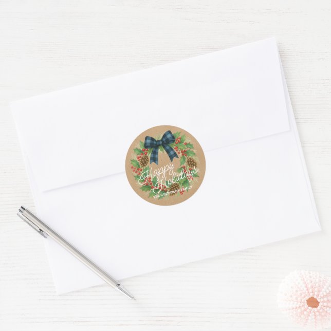 Rustic Holly Wreath Blue Black Chequered Bow Classic Round Sticker (Envelope)